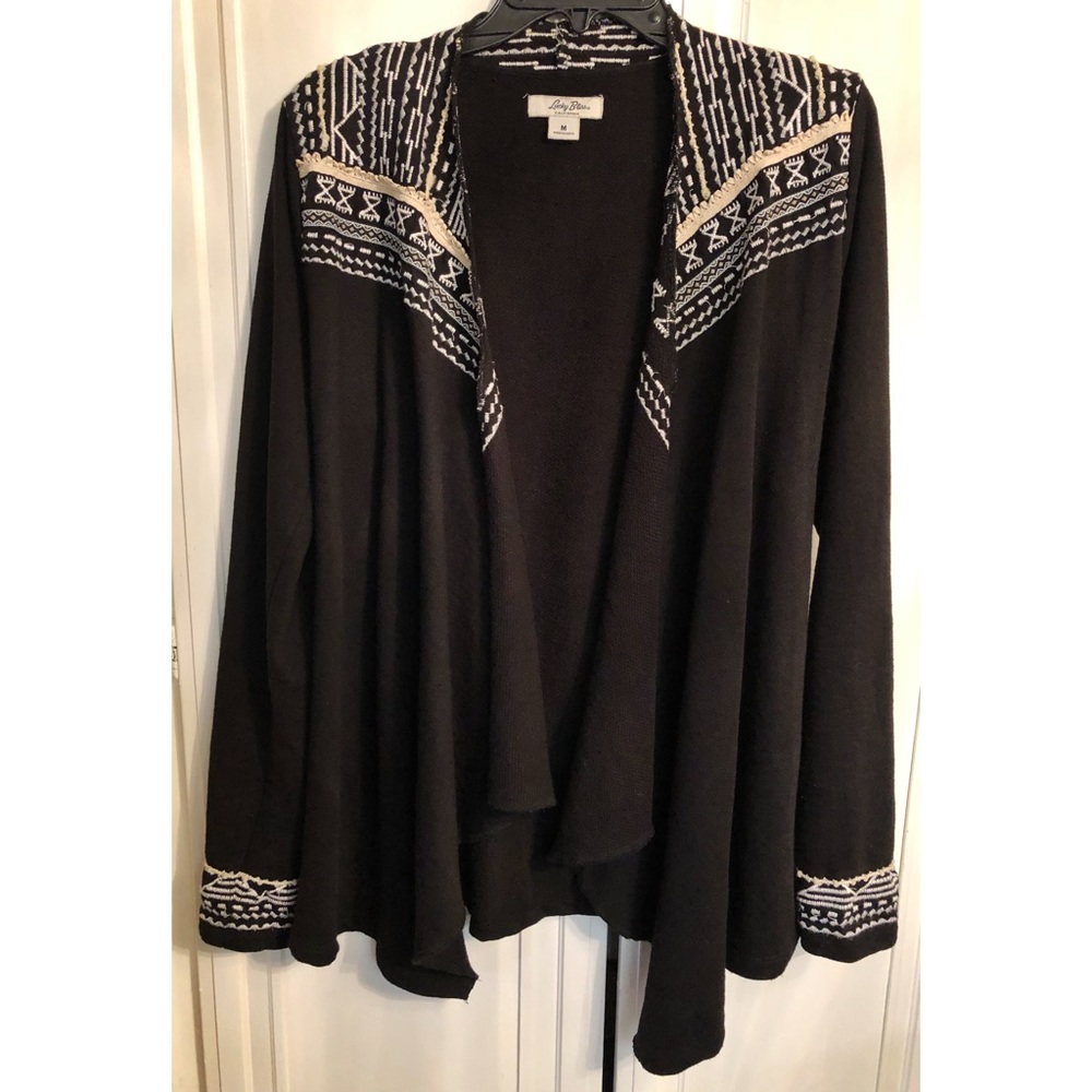Lucky Brand embroidered black cardigan w/ tie belt